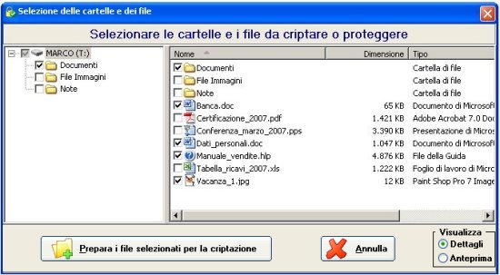 Schermata di PenProtect in cui si ha la possibilità di selezionare i file da proteggere che sono presenti all'interno della propria Pen Drive o Flash Memory