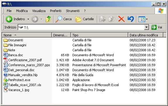 Esempio di lista di file presenti all'interno della propria Pen Drive o Flash Memory. Vi è anche il file PenProtect.exe con l'icona a forma di lucchetto.