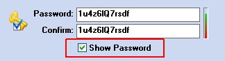 In order to view the data entered in the fields Password and Confirm you need to select the option highlited with a red rectangle "password clear"