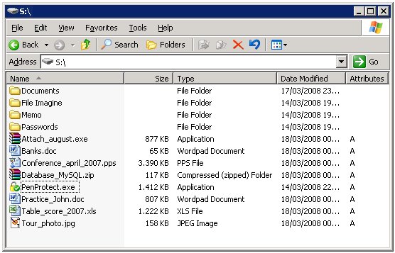 List of files in your Flash Drive, Pen Drive or Flash Memory. There is also the penprotect.exe file with the icon in the shape of a padlock.